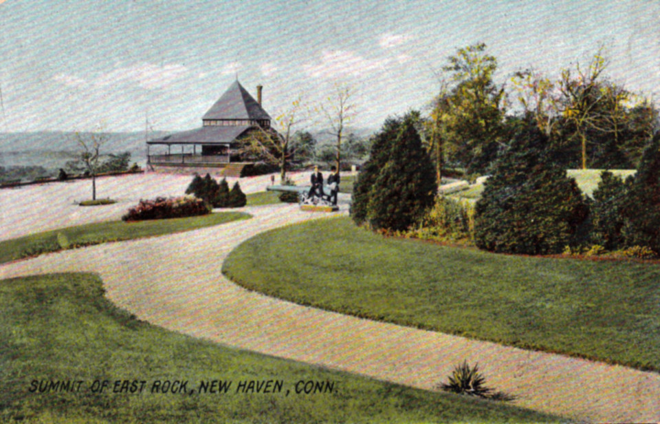 East Rock Park Summit, just in front of the large Civil War monument. The cannon and small building have been removed. 